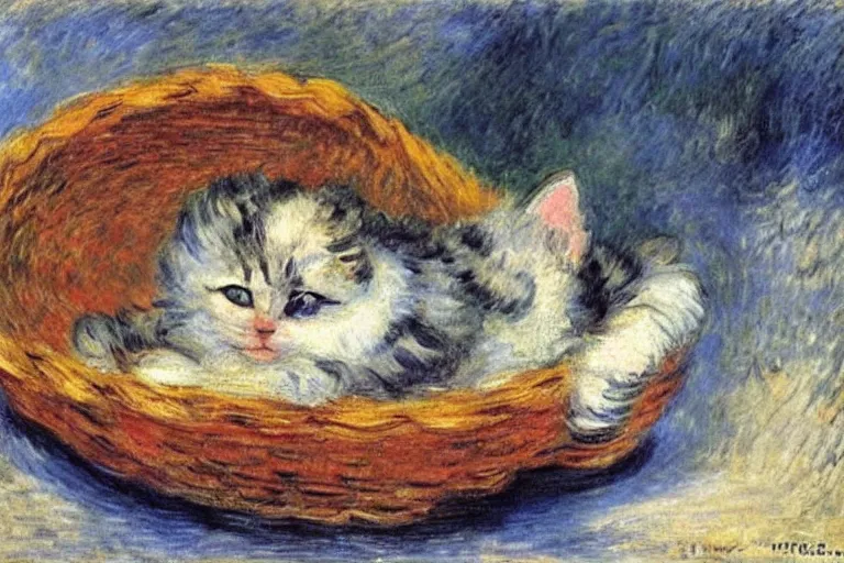 Prompt: a perishing cute kitten coiled up in a basket, snowy outside by Monet, Manet, Renoir