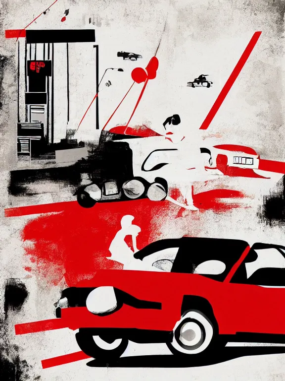 Image similar to Movie poster featuring a vector of a small black car in the middle with some red details, modernism, beige background, in the style of Vasilis Marmatakis