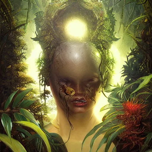 Prompt: a hyperrealistic illustration of a dark monster in a jungle, Jungle with fractal sunlight, award-winning, masterpiece, in the style of Tom Bagshaw, Cedric Peyravernay, Peter Mohrbacher