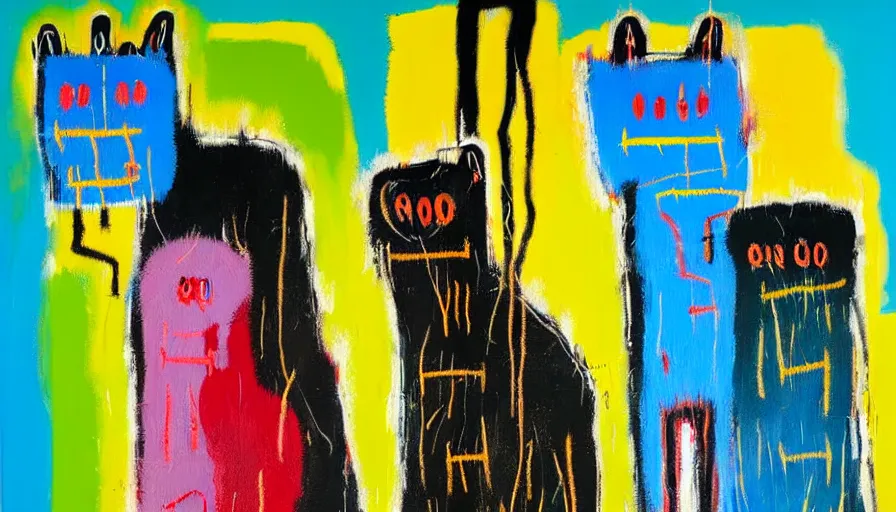 Prompt: highly detailed contemporary acrylic painting of really tall sitting cats by jean - michel basquiat, thick brush strokes and visible paint layers, dense overgrown forest background, vivid pastel color scheme