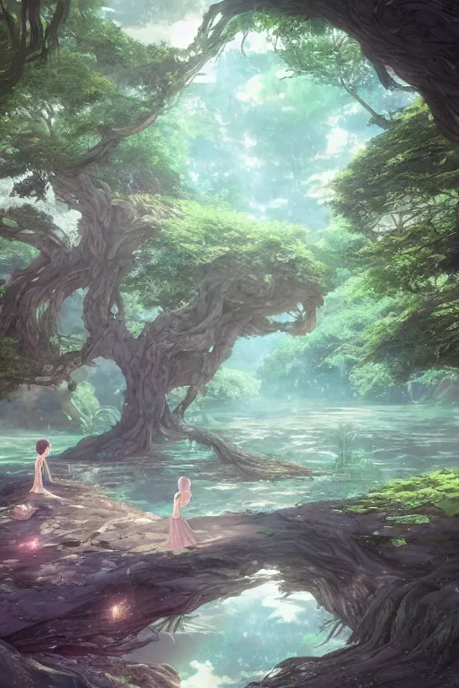 Image similar to ethereal river flowing through a giant ancient tree, serene evening atmosphere, pixie dust in the air, soft lens, soft light, cel - shading, animation, in the style of cgsociety, deviantart, artstation, zbrush, cinema 4 d, studio ghibli, akihiko yoshida, atelier lulua, masamune shirow