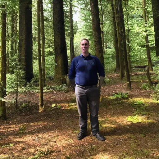 Prompt: DCI Tom Barnaby standing in a sunny forest clearing.