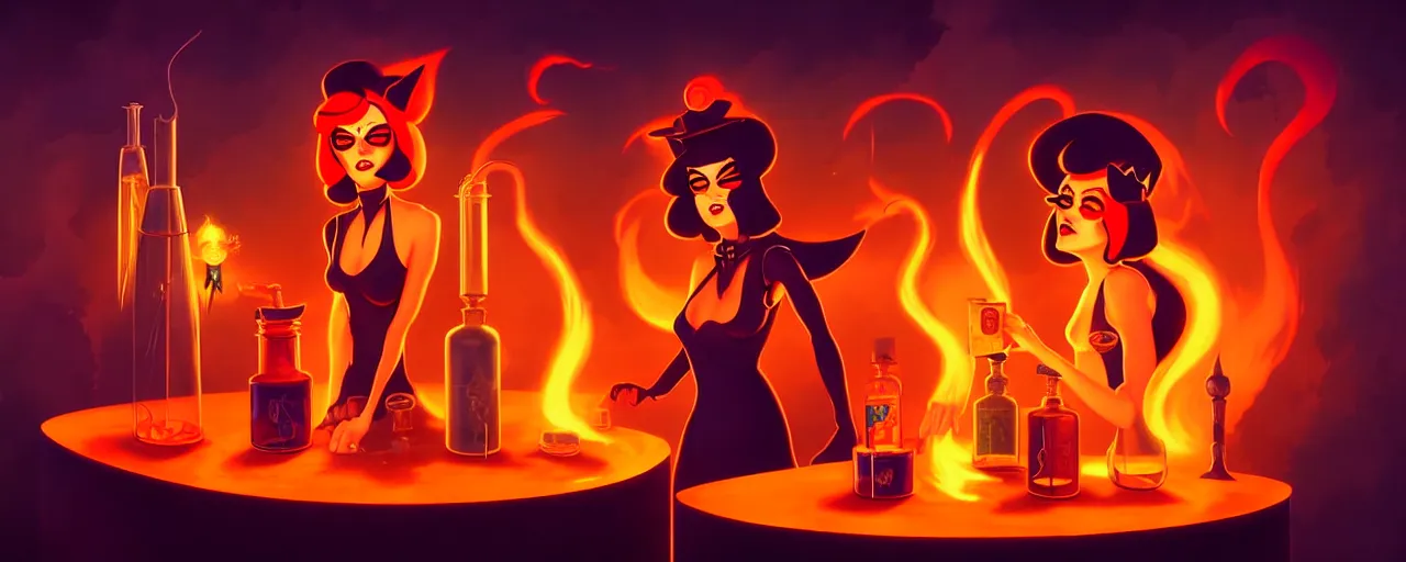 Image similar to uncanny alchemist catgirls in a fiery alchemical lab, dramatic lighting, surreal 1 9 3 0 s fleischer cartoon characters, surreal painting by ronny khalil