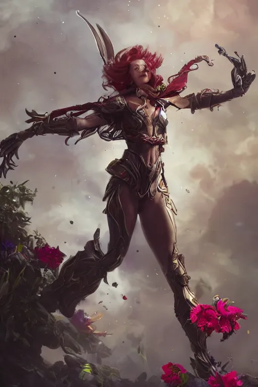 Prompt: beautiful girl titania from marvel comics covered with glass exploding into blood, practical armor, heroes of the storm, 3 d render, hyper realistic detailed portrait, holding magic flowers, ruan jia, wlop. scifi, fantasy, hyper detailed, octane render, concept art, peter mohrbacher