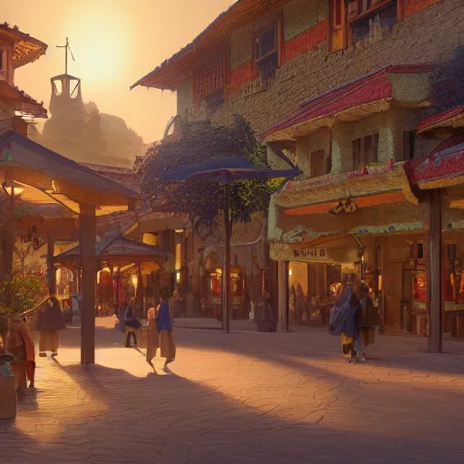 Prompt: an art deco townsquare in a oriental medieval fantasy village. incredible voluminous indirect soft glow cinematic lighting, hyperdetailed features, movie still, intricate, octane render, unreal engine, crepuscular rays, god rays, by beeple and rhads and donato giancola