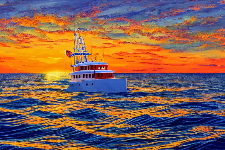 Prompt: A painting of a 60 foot Sport fishing yacht leaving out of the Galveston jetties at sunrise and headed offshore, inspired by Guy Harvey, digital art, insanely detailed