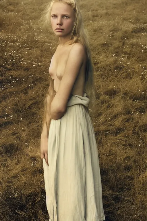Image similar to a young nordic lady, photo portrait by Annie Leibovitz,