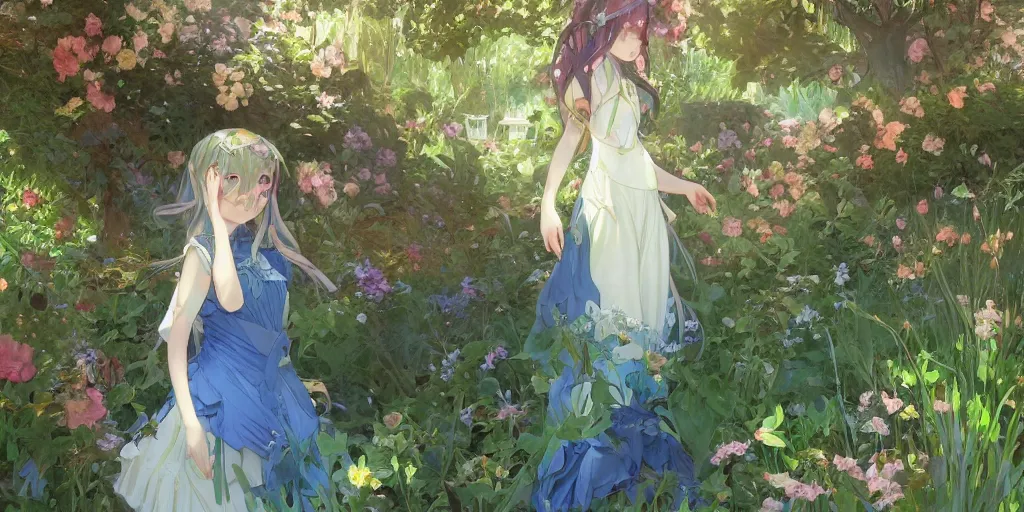 Image similar to a digital art of a loli with long hair in a dress in the privet garden at after noon, green and warm theme, blue flowers accents, back lighting, by krenz cushart and mucha and akihito yoshida and greg rutkowski and makoto shinkai, highly detailed, 4 k resolution, trending on art station