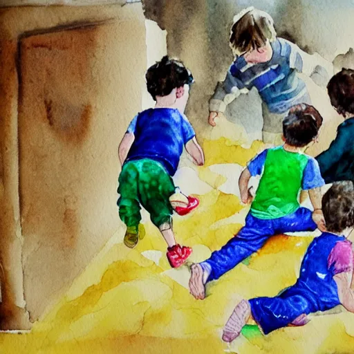 Image similar to kids playing the game the floor is lava, watercolour