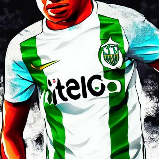 Prompt: kylian mbappe dressed with the betis football team shirt in the benito villamarin, 4 k, high contrast colors, hyper detailed!!, super fine inking lines