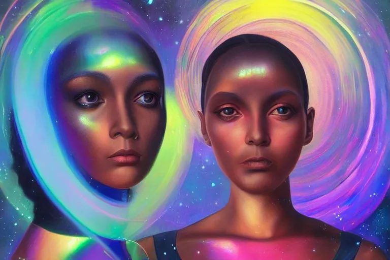 Image similar to patron saint of 🛸🌈👩🏾, futuristic iridescent clothing, wormhole, nebula, black hole, multiverse, neon god of city character portrait, in the style of margaret keane, moebius, tom bagshaw, and waterhouse, cinematic lighting, beautiful, elegant, oil painting,