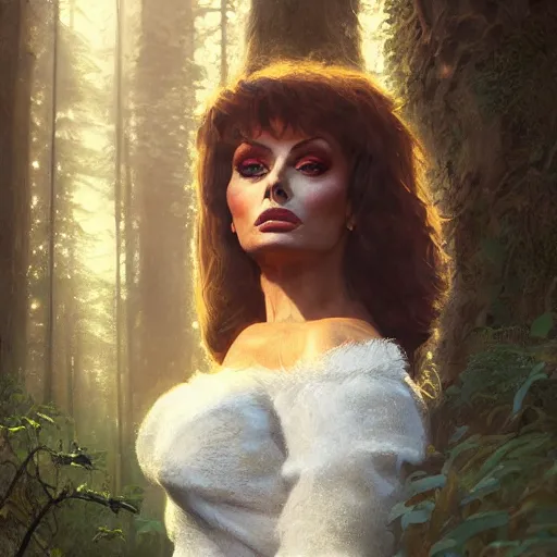 Image similar to closeup portrait of a young sophia loren, elf ears, forest background, megacity, high fantasy, dramatic light, gorgeous view, depth, high detail, digital art, painted by greg rutkowski, trending on artstation