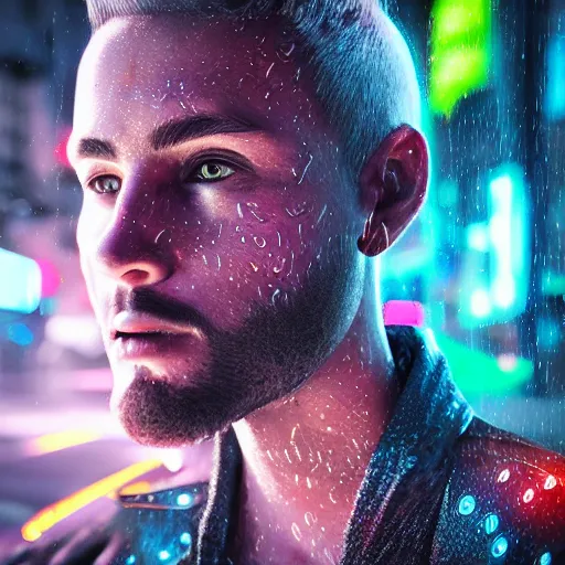 Image similar to human portrait formed out of rain, beautiful, neon, epic detail, galactic background, rendered in octane, unreal engine, realistic