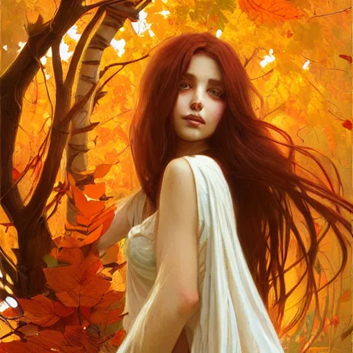 Prompt: girl with super long hair, hair becoming autumn red leaves, digital painting, artstation, art by artgerm and greg rutkowski and alphonse mucha
