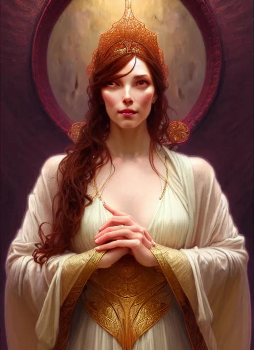 Image similar to character concept portrait of me as modest wife blessed by god to grow ever more intelligent beautiful voluminous muscular tall and virtuous. modestly clothed, intricate, elegant, highly detailed, digital painting, artstation, concept art, symmetry, smooth, sharp focus, illustration, art by gaston bussiere and alphone mucha