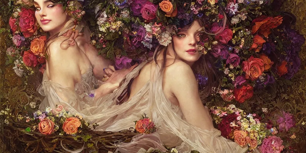 Image similar to portrait of a beautiful mysterious woman holding a large bouquet of flowing flowers, lying in an elaborate coffin, fantasy, regal, intricate, by stanley artgerm lau, greg rutkowski, thomas kindkade, alphonse mucha, loish, norman rockwell
