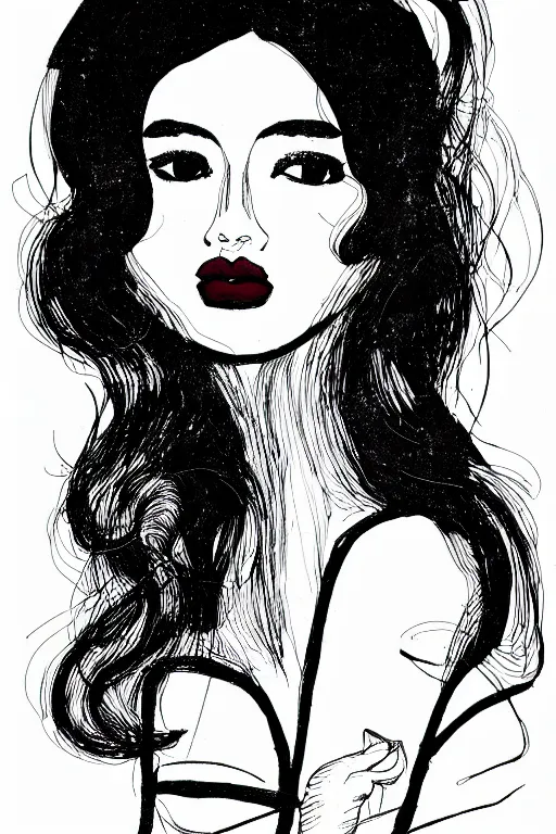 Image similar to ink lineart drawing of a beautiful trans woman, dark lips, white background, etchings by goya, chinese brush pen, illustration, high contrast, deep black tones contour