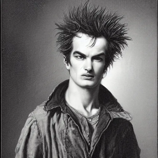 Prompt: a realistic portrait of sid vicious by Gustave Dore,