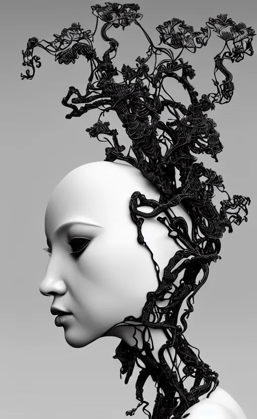 Image similar to black and white complex 3d render of 1 beautiful profile woman porcelain face, vegetal dragon cyborg, 150 mm, sinuous silver metallic ghost orchid flower stems, magnolia, roots, leaves, foliage, greenery, fine lace, maze-like, mandelbot fractal, anatomical, facial muscles, cable wires, microchip, elegant, highly detailed, black metalic carbon armour with silver details, rim light, octane render, H.R. Giger style, David Uzochukwu