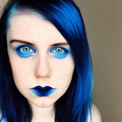 Image similar to a pale girl with piercing blue eyes and dyed blue hair, soft facial features, looking directly at the camera, neutral expression, instagram picture