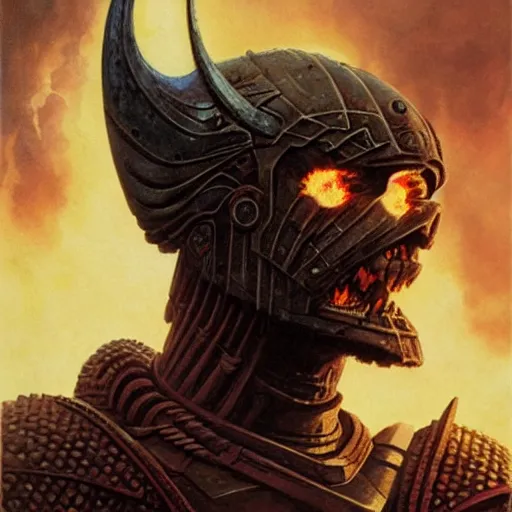 Image similar to head and shoulders portrait of an armored fire giant, d & d, fantasy, greg rutkowski, frank frazetta, alexandre chaudret, boris vallejo, michael whelan, miro petrov, hr giger, magali villeneuve, donato giancola