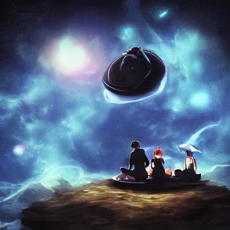 Prompt: black contrast dark style two people stuck on a very tiny floating island overlooking a centered supermassive black hole vast space infinite void vibrant nebula stars makoto shinkai ecretion disc picnic table