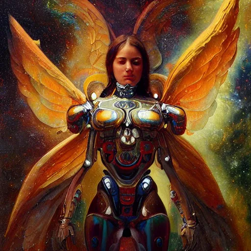 Image similar to UHD hyperrealistic photorealisitc, detailed cosmic robot with real angel wings, by Karol Bak, Greg Rutkowski and Adrian Ghenie, tonalism, rich deep colors masterpiece