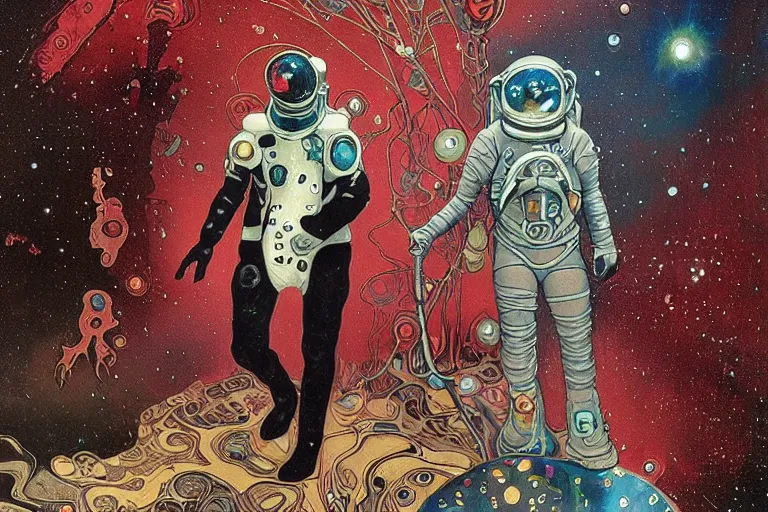 Prompt: the last Alien with astronaut red and black suit, walking in post-apocalyptic Neptune Hills, style hybrid mix of Jirí Petr+Romi Lerda+ Sandra Pelser,Yves Tanguy+ Alphonse Mucha+ Ernst Haeckel+ Edward Robert Hughes+Stanisław Szukalski , moody colors,diamond dust glitter and sparkles, holographic krypton ion,red eyes,octane render,4k, ighly detailed, hyperrealism, excellent composition, cinematic concept art, dramatic lighting, trending on ArtStation