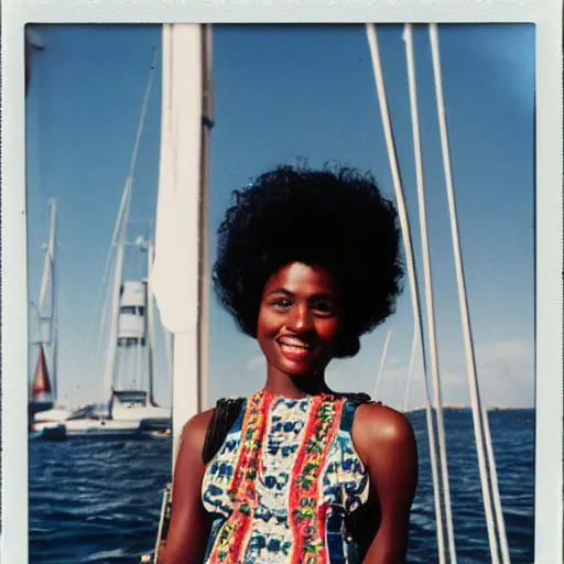 Image similar to a medium full shot, german and eastern european mixture polaroid photograph depicting a black woman with dark brown skin, long, swirling black hair, and jade colored eyes, on a sailing boat. she is wearing wearing a yachting dress ensemble in 1 9 8 2.