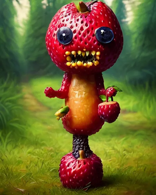 Image similar to portrait of a cute fruit figurine monster made of different fruit, standing in a forest, staring wide open eyes, open mouth, very detailed eyes, trees in the background, sunlight, oil painting, highly detailed, dramatic lighting, hyperrealistic, 8 k, smooth, intricate, artstation, cgsociety, by artgerm, by wlop