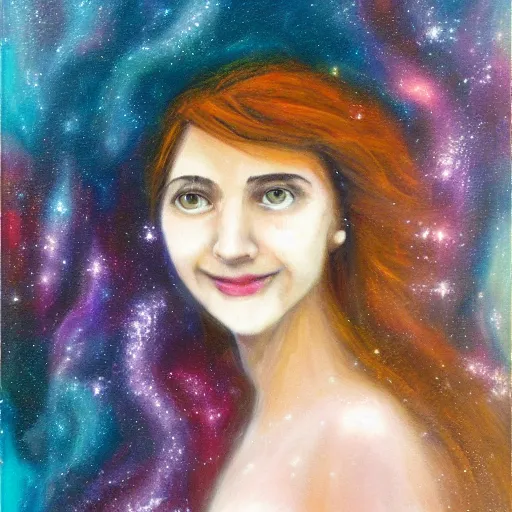 Image similar to hypatia dissolving into a nebula, smiling, oil painting