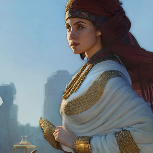 Image similar to A well dressed sumerian woman in a major Mesopotamian city, highly detailed, digital painting, artstation, concept art, sharp focus, illustration, cinematic lighting, art by artgerm and greg rutkowski and alphonse mucha