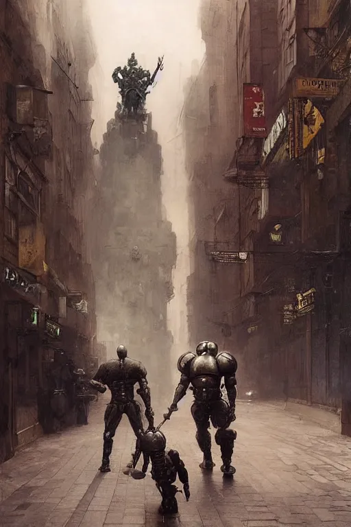 Image similar to a soldier on city street accompanies martyn ford as a huge bipedal dhell emon with bulbous torso wearing armour, painted by ruan jia, raymond swanland, lawrence alma tadema, zdzislaw beksinski, norman rockwell, jack kirby, tom lovell, alex malveda, greg staples