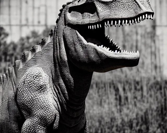 Image similar to hyper realistic vintage photograph of a real dinosaur, ultra detailed, grain, old, monochrome, sepia toned, realistic lighting, wide angle