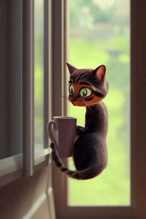 Image similar to beautiful cat holding one cup of coffee at house window. Pixar Disney 4K 3d render funny animation movie Oscar winning trending on ArtStation and Behance. Ratatouille style.