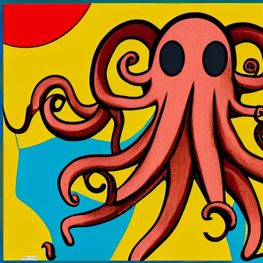 Image similar to highly detailed illustration of octopus holding hamburger, poster, symmetrical