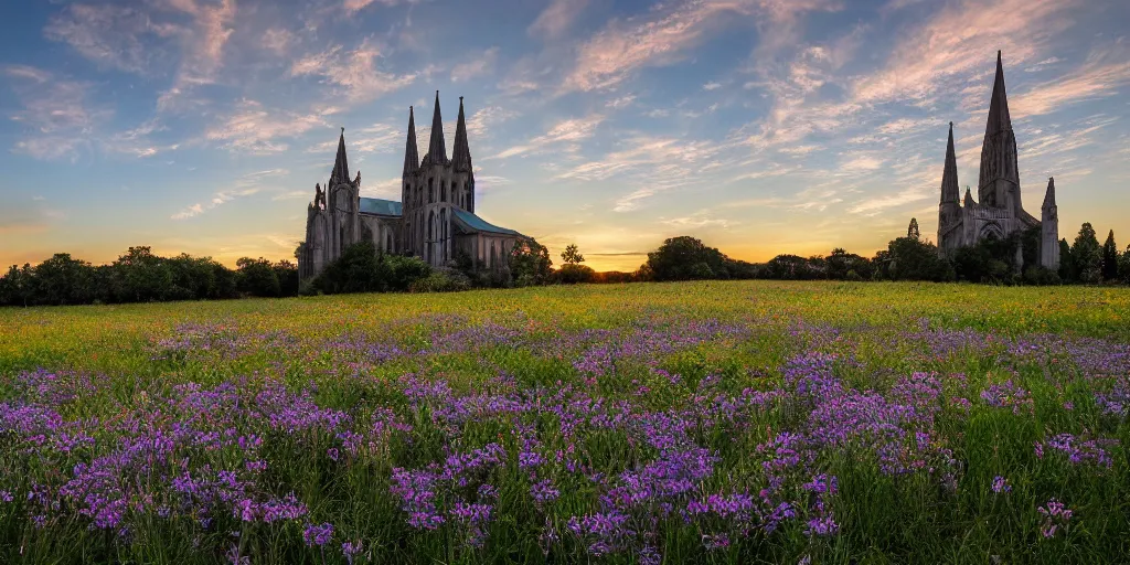 Prompt: a recursive cathedral made of mirrors within a wildflower meadow at dawn