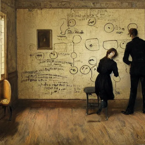 Image similar to a man and a woman solving an escape room puzzle, mysterious markings on the wall, by alfred stevens