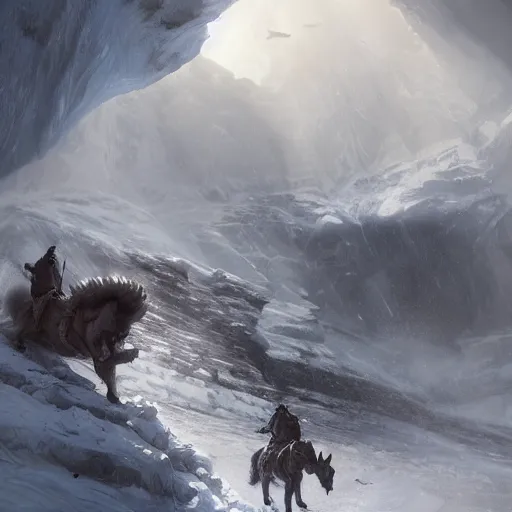 Image similar to riding the warcat into the translucent ice caves. melancholy undertones, high fantasy art official contest submission greg rutkowski 3 8 4 0