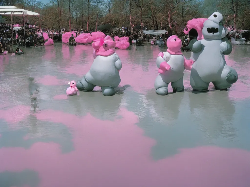 Image similar to 3 5 mm kodachrome colour photography of michelin man and stay - puft marshmallow man dancing in a pink lake, taken by harry gruyaert