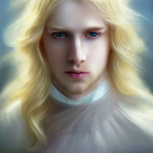 Prompt: Portrait of magical blond prince, very very very very pale white skin, long silky rich golden hair, dreamy and ethereal, pastel blue eyes, peaceful expression, ornate frilly regal shirt, fantasy, intricate, elegant, dynamic lighting, highly detailed, digital painting, artstation, concept art, smooth, sharp focus, illustration, art by artgerm and greg rutkowski and alphonse mucha