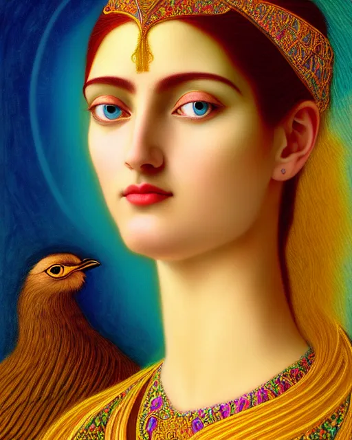 Prompt: portrait of the beautiful young goddess of birds, unusual beauty, etheric, outworldly colours, emotionally evoking symbolic metaphors, head in focus, fantasy, ornamental, intricate, elegant, highly detailed painting style photo, artstation, concept art, painterly, golden ratio, sharp focus, illustration, art by john william godward and leonora carrington,