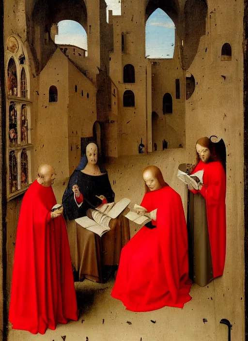 Prompt: fallen angels dressed in red reading the bible and arguing in Tuscany by Jan van Eyck, Hieronymus Bosch, 4k post-processing, highly detailed medieval painting