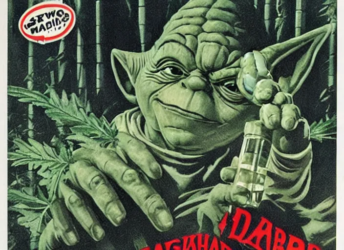 Image similar to vintage travel advertisement for the planet dagobah, of yoda smoking a huge marijuana cigarette, surrounded by cannabis plants