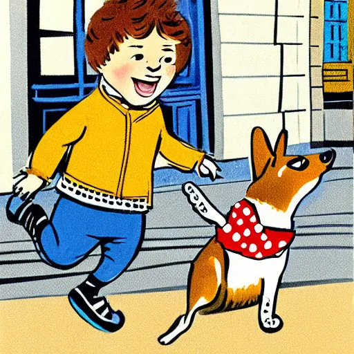 Image similar to book illustration of a french boy on the streets of paris playing football against a corgi, the dog is wearing a polka dot scarf, 1 9 6 6