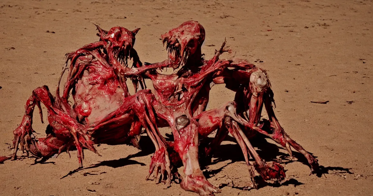 Image similar to in the desert a bloody gross horrifying creature made of muscle and bone and blood stares at the camera, eating, mid day, 35mm photography, realistic,