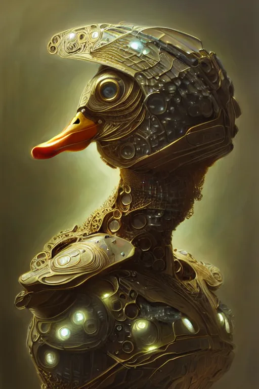 Image similar to organic cyborg duck, diffuse lighting, fantasy, intricate, elegant, highly detailed, lifelike, photorealistic, digital painting, artstation, illustration, concept art, smooth, sharp focus, art by john collier and albert aublet and krenz cushart and artem demura and alphonse mucha