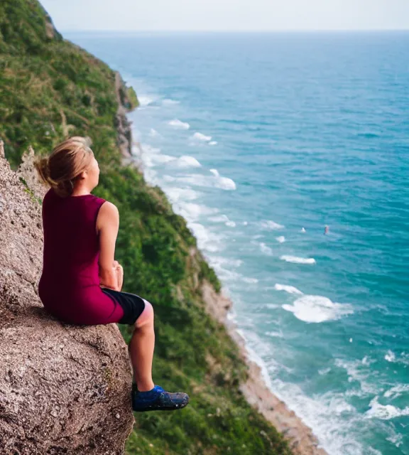 Image similar to a girl sitting on a cliff overlooking a beach