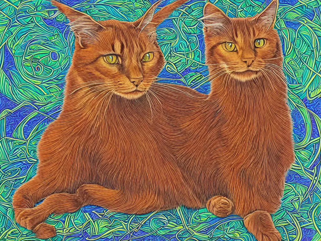 Image similar to a Somali cat peinted by Alex Grey