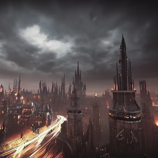 Image similar to octane render of a gothic city with an overcast sky, tall spires, steampunk, cyberpunk, high - definition, alienating, imposing, imperious, malevolent, moody, landscape, distant, vast, cityscape, skyline, neon, glowing, flying vehicles, long shot, timelapse, 4 0 k, warhammer 4 0 0 0 0, zdzisław beksinski